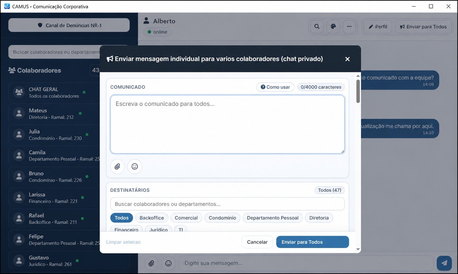 Tela de envio de mensagem individual para vários colaboradores no CAMUS.